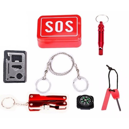 Kit supravietuire SOS 7in1, toate accesoriile necesare intr o cutie metalica - Rosu [4]