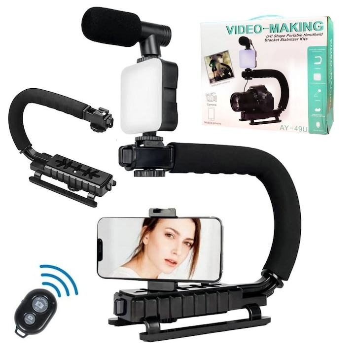 Kit vlogging complet pentru camera, telefon, trepied in forma de U, telecomanda bluetooth, microfon