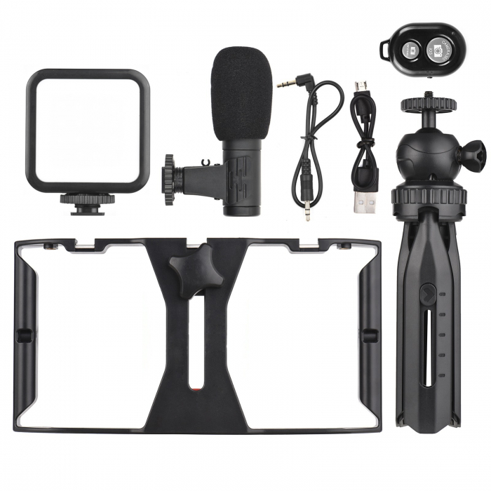 Kit vlogging profesional,trepied,suport telefon,microfon,mini panou LED + telecomanda Bluetooth - Andoer [3]