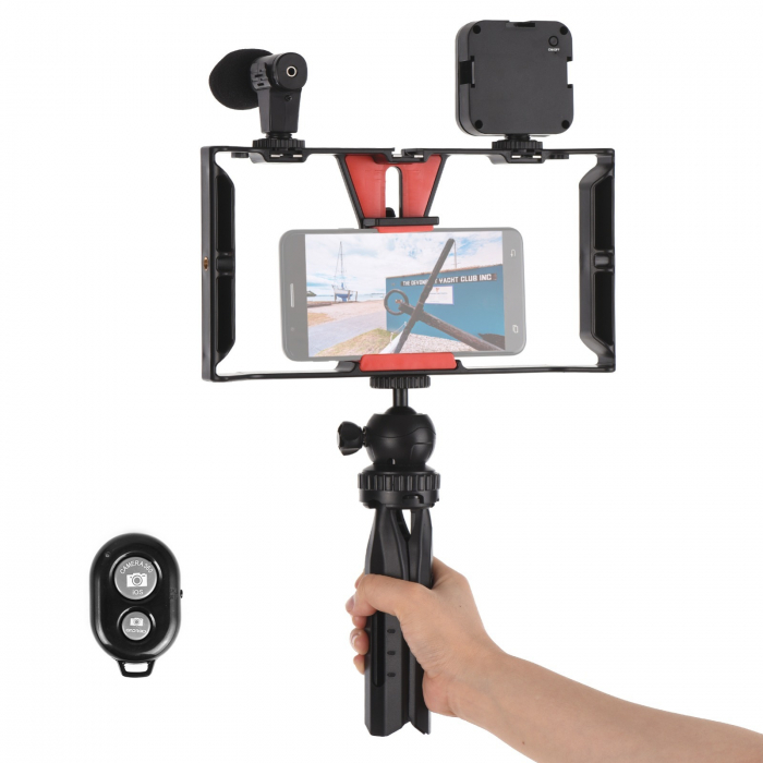 Kit vlogging profesional,trepied,suport telefon,microfon,mini panou LED + telecomanda Bluetooth - Andoer [2]