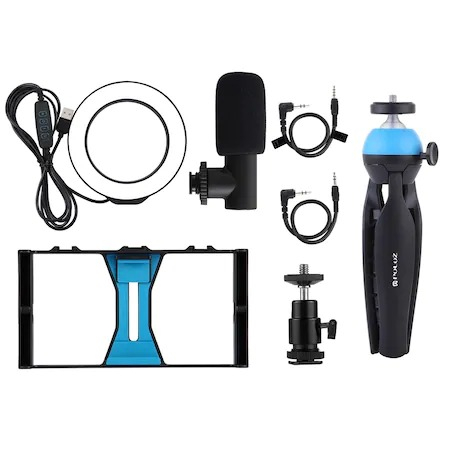 Kit vlogging profesional,trepied,suport telefon,microfon,mini ring light LED [3]