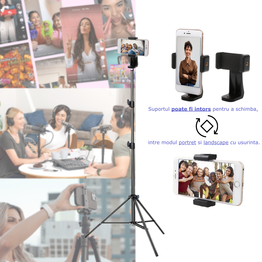 Kit vlogging pentru telefon cu trepied reglabil pana la 200 cm, ring light LED cu telecomanda, suport telefon rotativ 360° si brat metalic cu hot shoe [2]