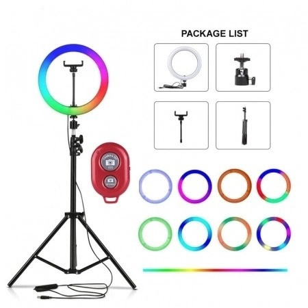 Lampa circulara LED 26 cm diametru,RGB,trepied 200 cm,telecomanda bluetooth pentru telefon