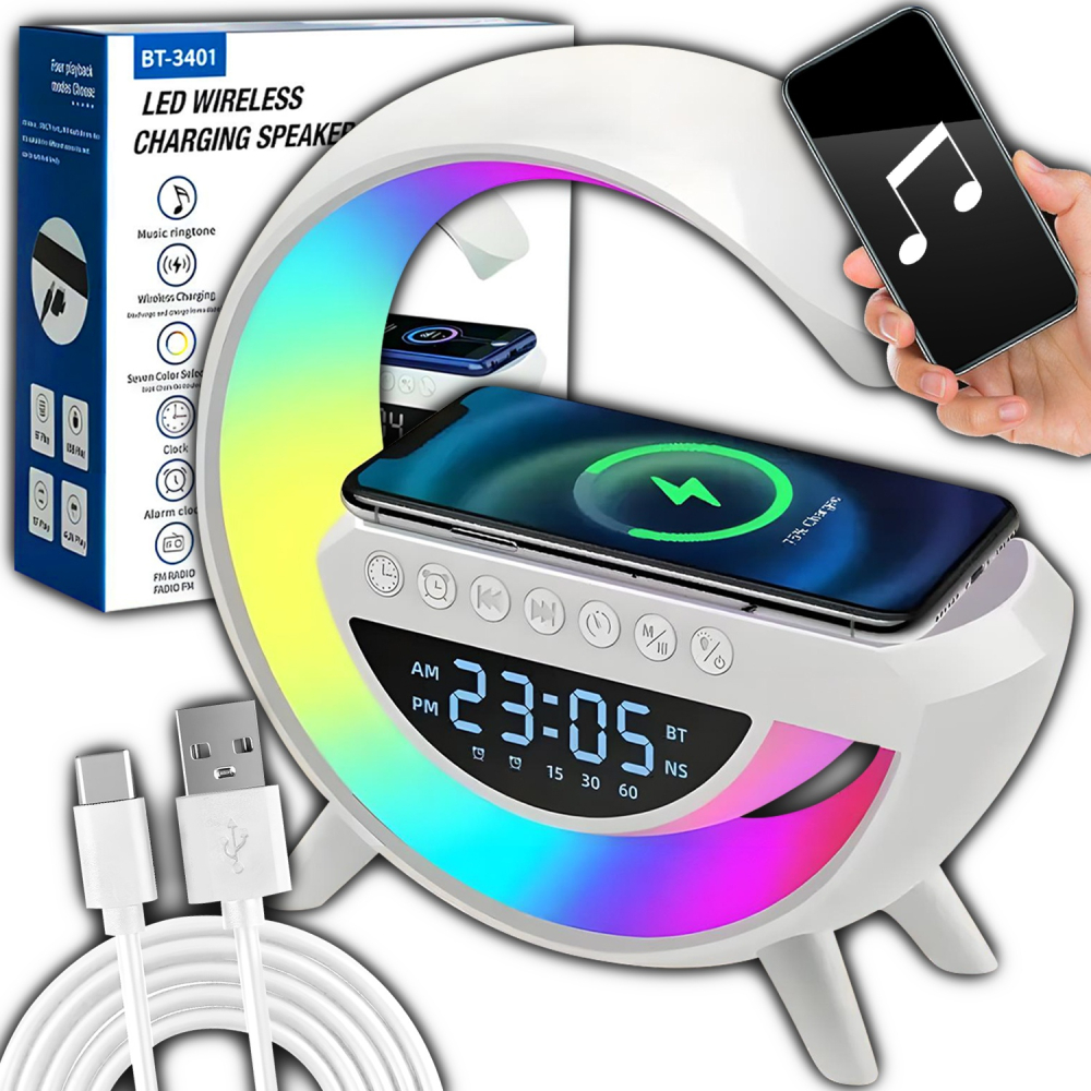 Lampa ambientala LED RGB 23.8 x 23.5 x 8 cm, incarcare wireless Qi 15W, difuzor Bluetooth, radio FM, ceas digital si alarma, 7 efecte luminoase [4]