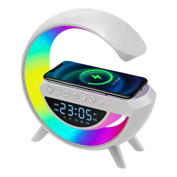 Lampa ambientala LED RGB alba, 24 x 23 x 8 cm, incarcare wireless Qi 15W, difuzor Bluetooth 5W, radio FM, ceas digital, alarma, lumina de veghe cu 7 culori [7]