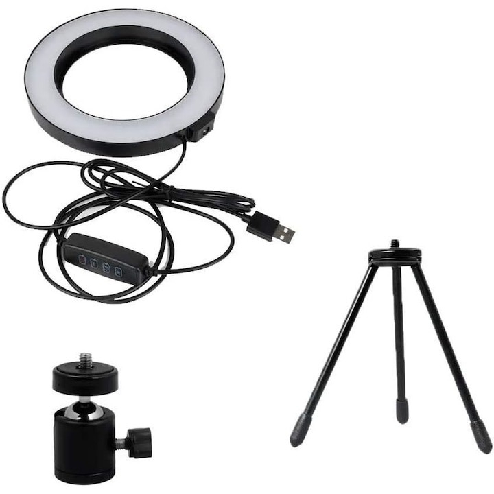 Lampa circulara LED, ring light 16 cm diametru, cap bila 360 grade si mini stativ universal cu filet 1/4 inclus [3]
