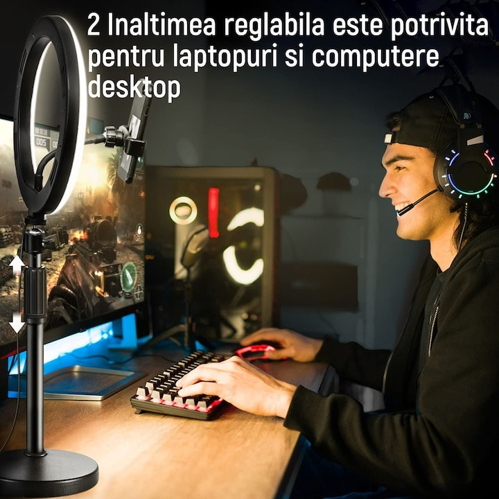 Lampa circulara LED, ring light 26 cm, cap bila 360 grade, trepied cu talpa si filet universal 1/4 inclus [5]