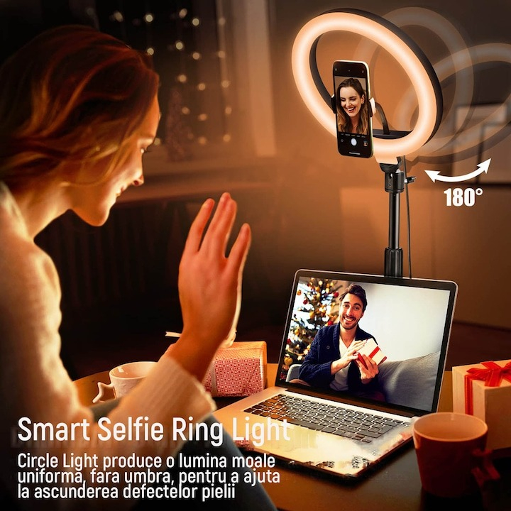 Lampa circulara LED, ring light 26 cm, cap bila 360 grade, trepied cu talpa si filet universal 1/4 inclus [2]