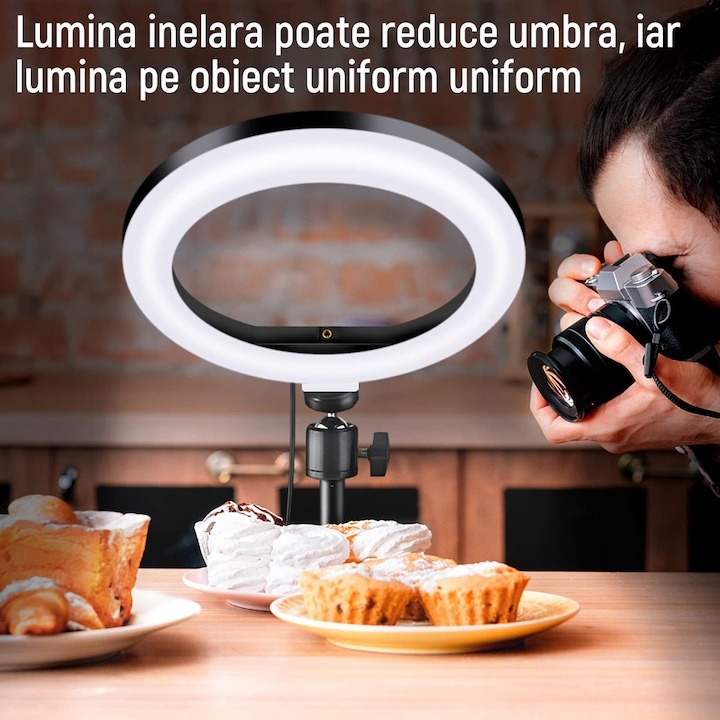 Lampa circulara LED, ring light 26 cm, cap bila 360 grade, trepied cu talpa si filet universal 1/4 inclus [6]