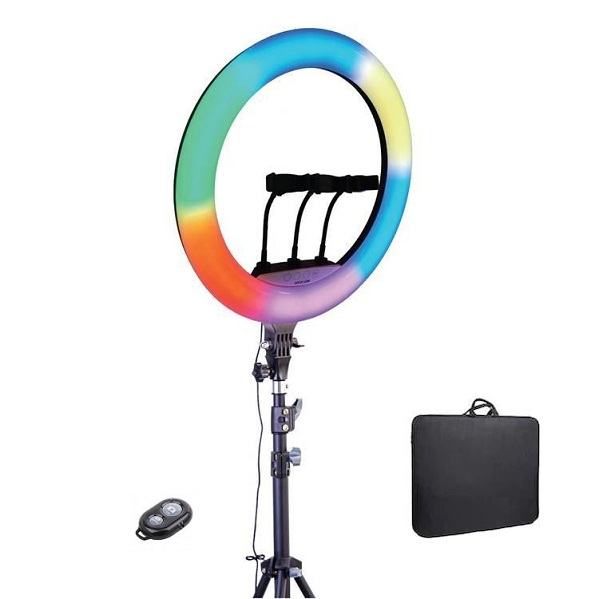 Lampa circulara RGB - LED, 56 cm, trepied 200 cm, telecomanda bluetooth si geanta transport inclusa