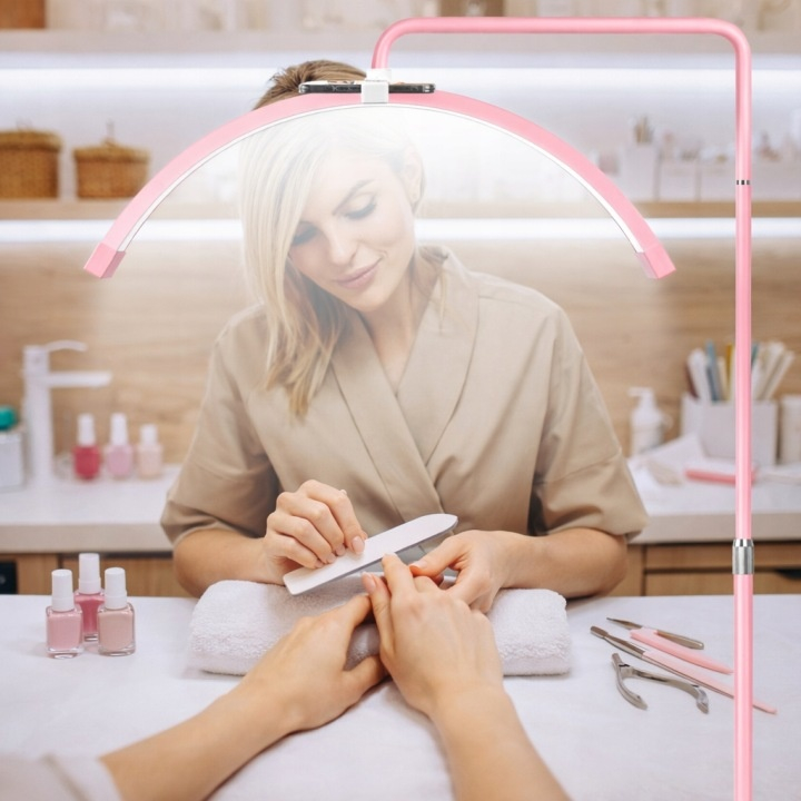 Lampa cosmetica LED, tip semiluna, 40 W, 2500 lm, 320 LED-uri, lumina calda/rece/neutra, inaltime 139-184 cm, roz [9]