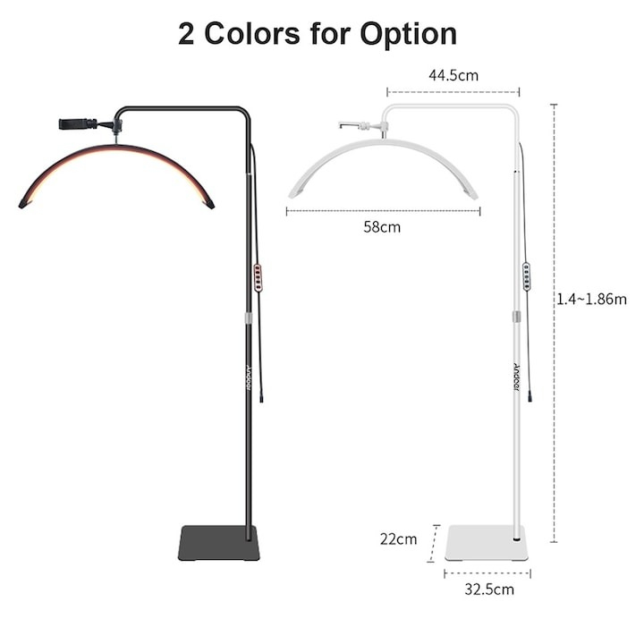 Lampa cosmetica profesionala Bi Color alb, rosu, Semiluna 238 LED, inaltime maxima 180 cm, suport telefon inclus - Negru [2]