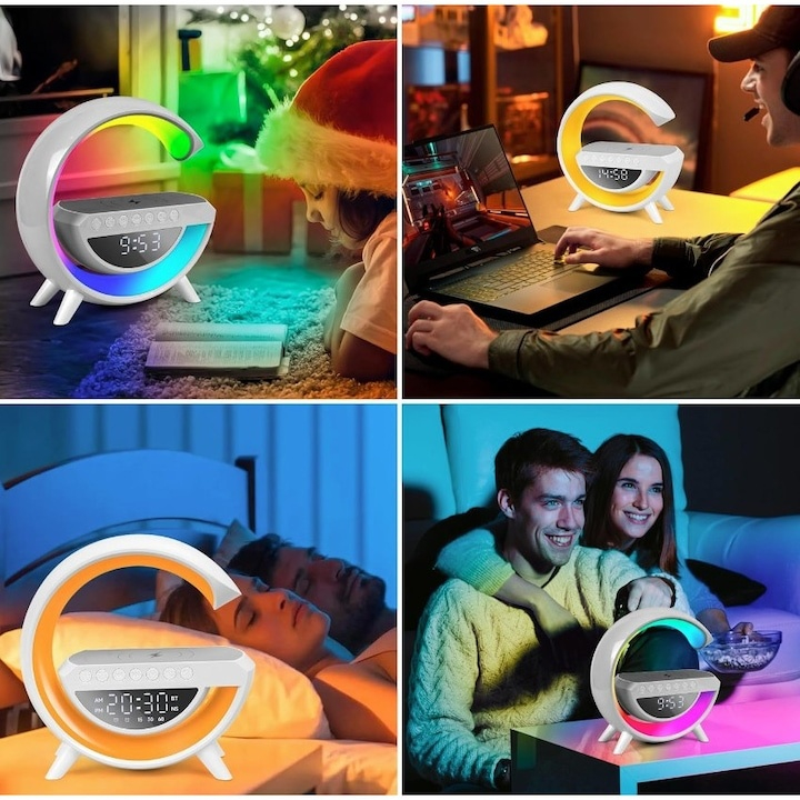 Lampa de veghe LED multifunctionala, cu radio, ceas, alarma, Bluetooth, incarcare wireless QI, RGB, USB-C, 23.8x23.5x8 cm, alb [5]