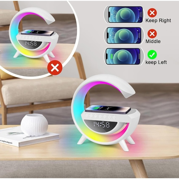 Lampa de veghe LED multifunctionala, cu radio, ceas, alarma, Bluetooth, incarcare wireless QI, RGB, USB-C, 23.8x23.5x8 cm, alb [6]