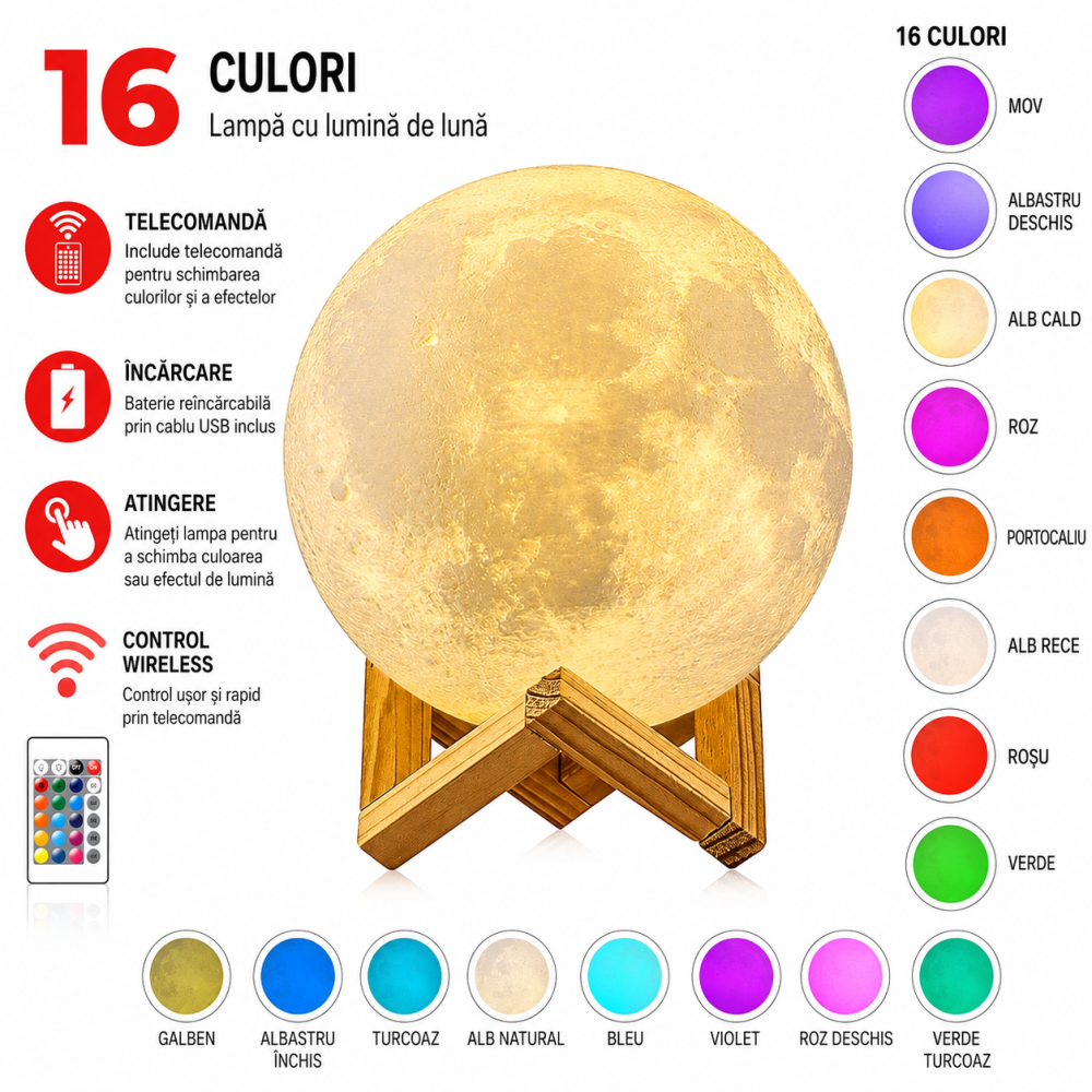 Lampa de veghe multicolor 13 cm in forma de Luna 3D, 16 culori LED [2]