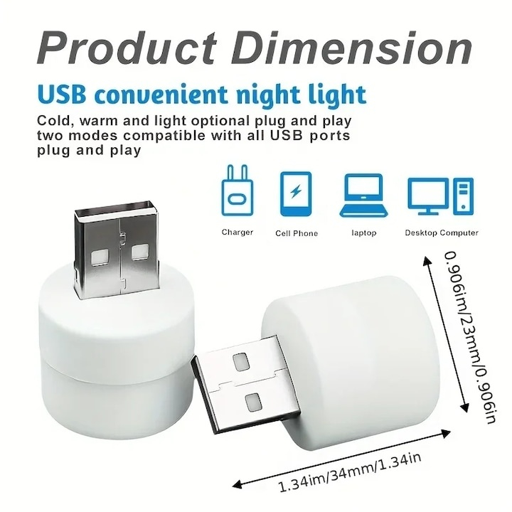 Lampa de veghe USB LED compacta, lumina ambientala discreta, consum redus, design minimalist, portabila, alb [5]