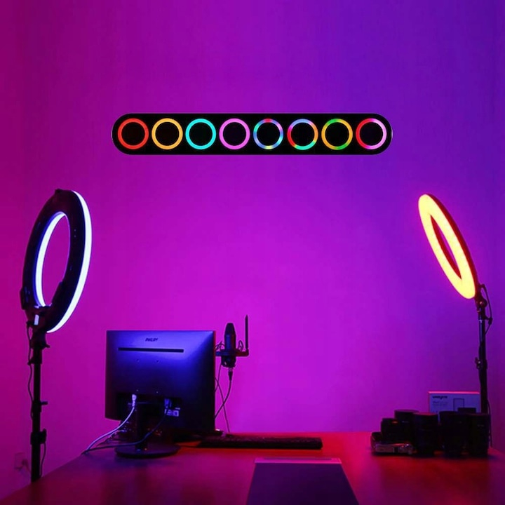 Lampa inelara LED RGB 26 cm cu doua trepiede, suport telefon si telecomanda, iluminare reglabila, inaltime 220 cm, USB 5V [3]
