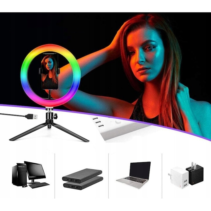 Lampa inelara LED RGB 26 cm cu doua trepiede, suport telefon si telecomanda, iluminare reglabila, inaltime 220 cm, USB 5V [2]