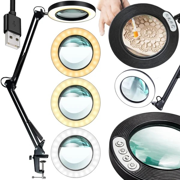 Lampa LED cu lupa, suport prindere, 12 W, marire 10 x, lumina calda/rece/neutra, 3000-6000K, reglare intensitate, negru [13]
