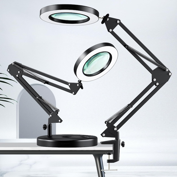 Lampa LED cu lupa, suport prindere, 12 W, marire 10 x, lumina calda/rece/neutra, 3000-6000K, reglare intensitate, negru [11]