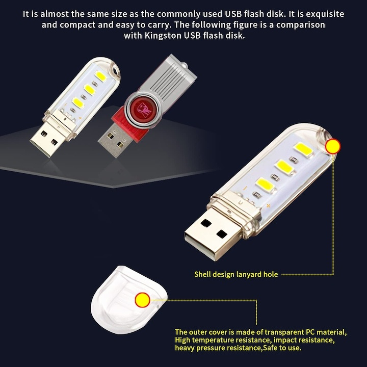 Lampa LED portabilă USB Dodaco, set 5 bucăți, dimensiuni 58x18x9mm, lumină puternică [5]