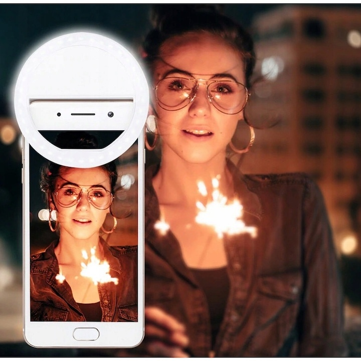 Lampa LED selfie tip inel pentru telefon, 36 LED-uri, 3 niveluri luminozitate, alimentare USB, prindere cu clema, alb rece [3]
