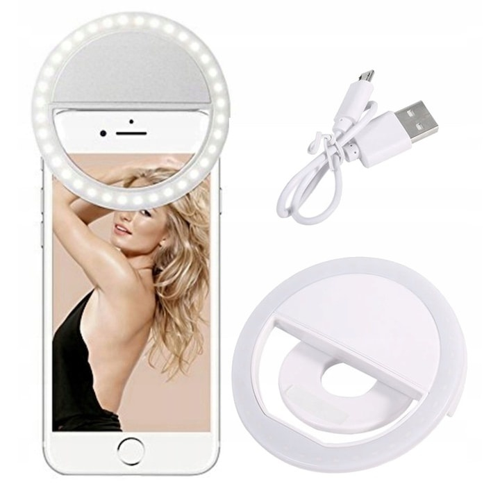 Lampa LED selfie tip inel pentru telefon, 36 LED-uri, 3 niveluri luminozitate, alimentare USB, prindere cu clema, alb rece [2]
