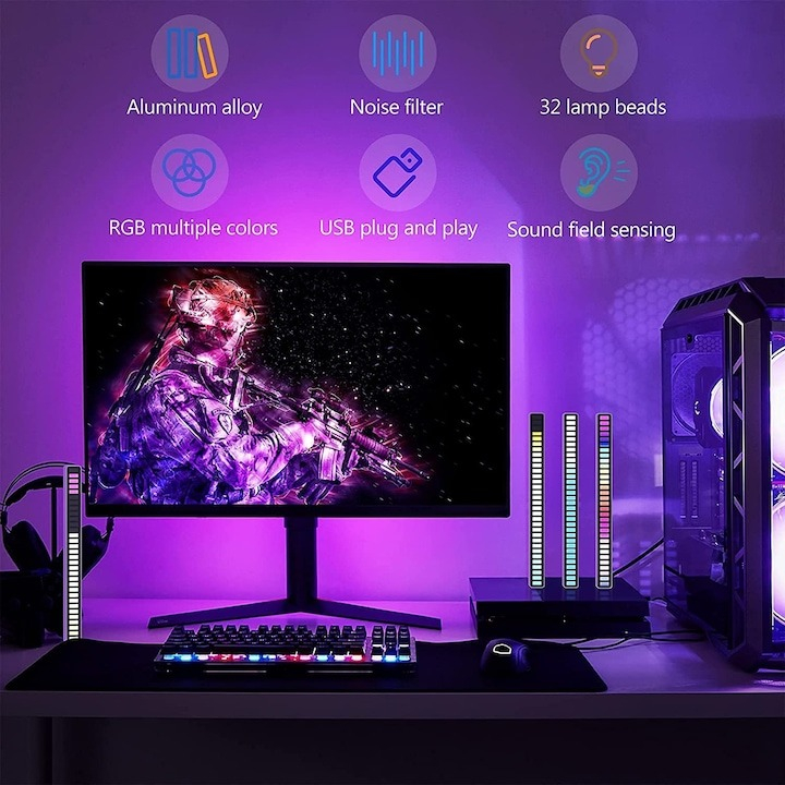 Lampa LED tip bara, RGB, cu lumini sincronizate audio, pentru atmosfera in camera - Negru [4]