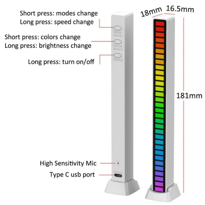 Lampa LED tip bara, RGB, cu lumini sincronizate audio, pentru atmosfera in camera - Negru [2]