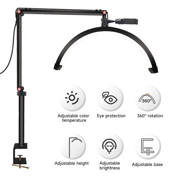 Lampa profesionala LED semiluna 20W 1800Lm, cu brat reglabil pentru cosmetica, gene, sprancene, manichiura si studio tatuaje [2]
