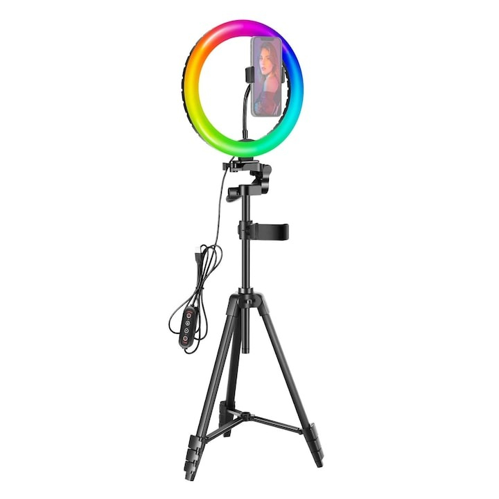 Lampa profesionala Neewer RGB 26 cm diametru, 30 moduri de iluminare, suport telefon si trepied 138 cm inclus