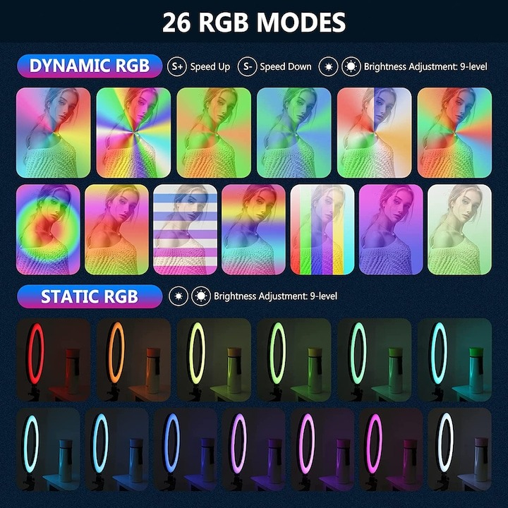 Lampa profesionala Neewer RGB 26 cm diametru, 30 moduri de iluminare, suport telefon si trepied 138 cm inclus [3]