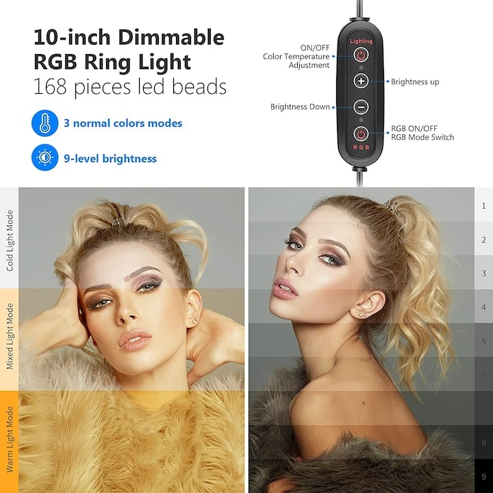 Lampa profesionala Neewer RGB 26 cm diametru, 30 moduri de iluminare, suport telefon si trepied 138 cm inclus [6]