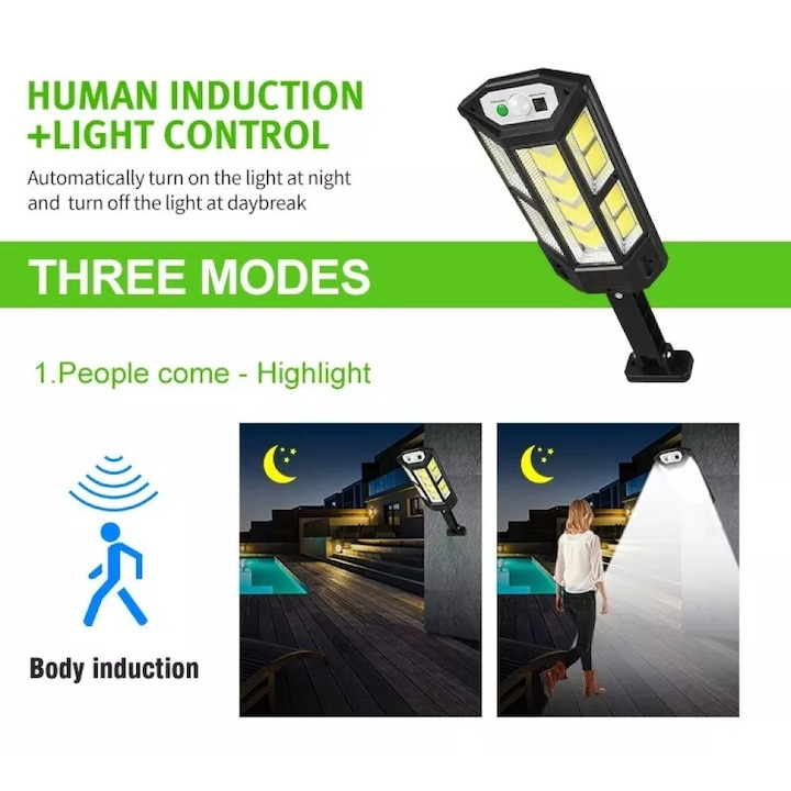 Lampa solara 124 LED-uri, cu senzor de miscare, 3400 lm, 300 W, telecomanda control inclusa [6]