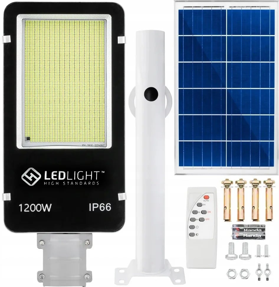 Lampa solara, putere 1200 W, 800 LED-uri, suport pentru perete, stalp, complet rezistenta la fenomene meteo (protectie IP66), telecomanda inclusa, negru [2]