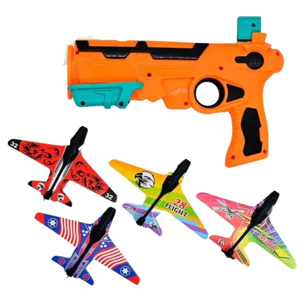 Lansator avioane portocaliu 25 x 6 x 18 cm, pistol jucarie cu 4 avioane EPP, sistem mecanic de lansare, fara baterii, pentru copii 3+ ani, joc activ de precizie si indemanare [2]