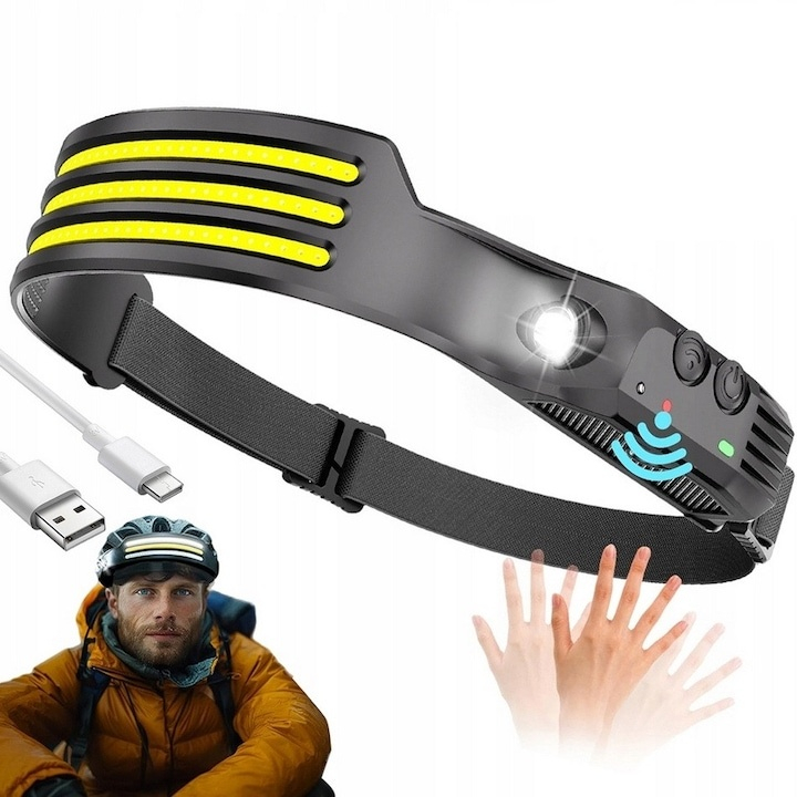 Lanterna frontala cu acumulator intern, 3 benzi LED COB, senzor de miscare, 5 moduri de iluminare, 800 lm, 1200 mAh, reincarcabila USB Type-C, IPX4 [2]