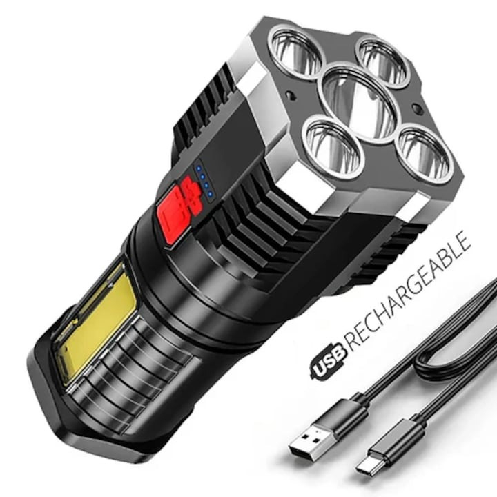 Lanterna portabila, 6 LED-uri, 4 moduri de iluminare, cablu Micro-USB inclus, ABS, baterie 1200 mAh, rezistenta la apa, negru [2]
