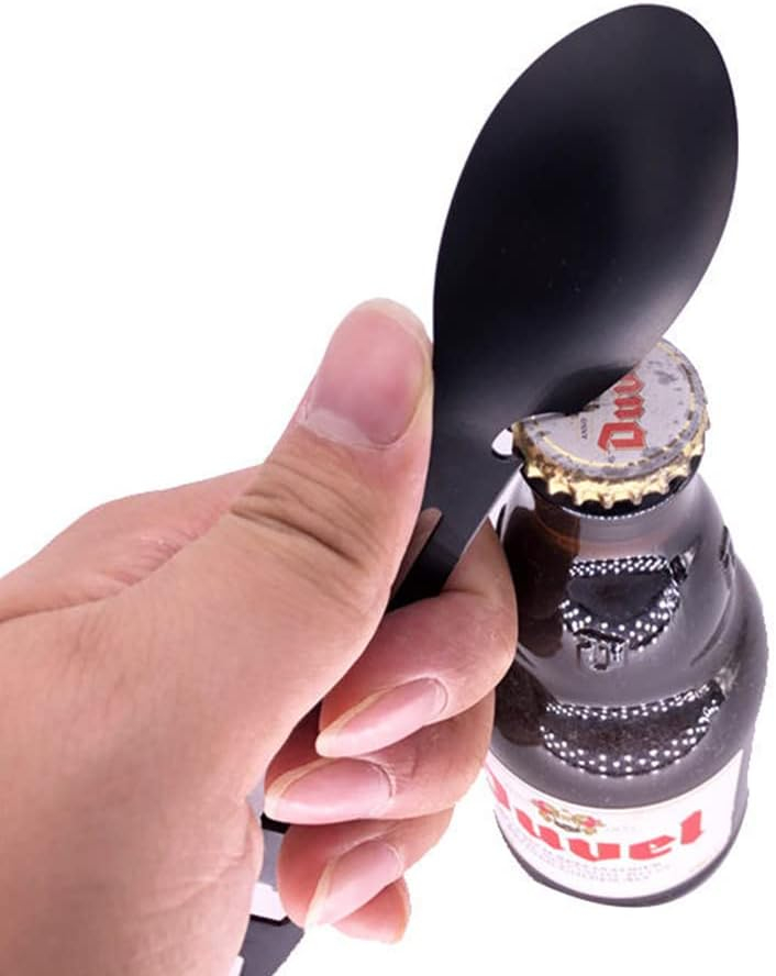 Lingura multifunctionala inox neagra 18 cm cu furculita, desfacator, chei piulite si lama zimtata pentru camping si EDC [5]