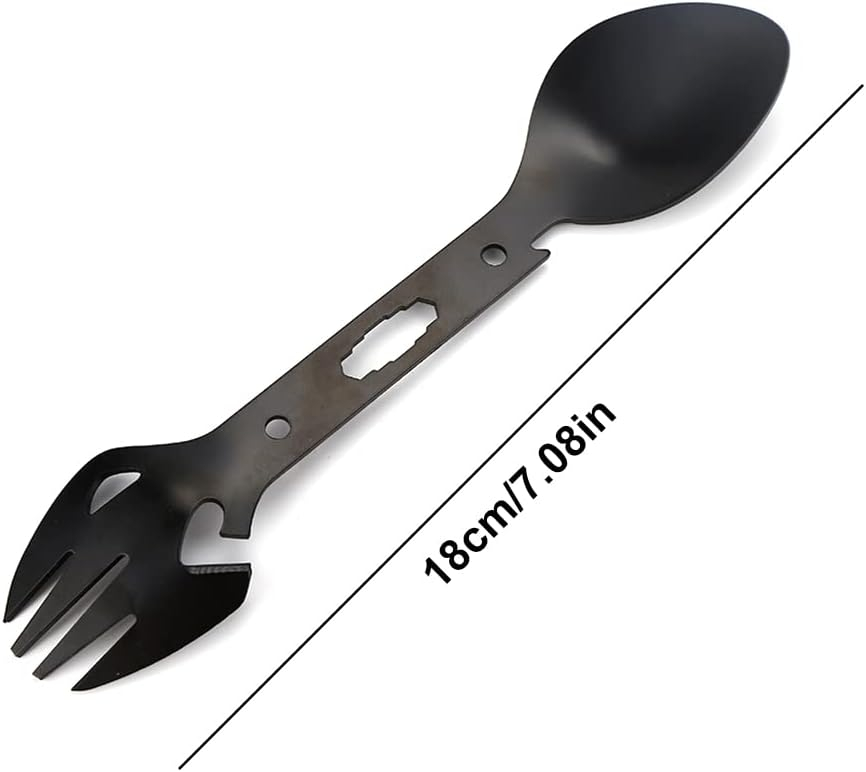 Lingura multifunctionala inox neagra 18 cm cu furculita, desfacator, chei piulite si lama zimtata pentru camping si EDC [6]