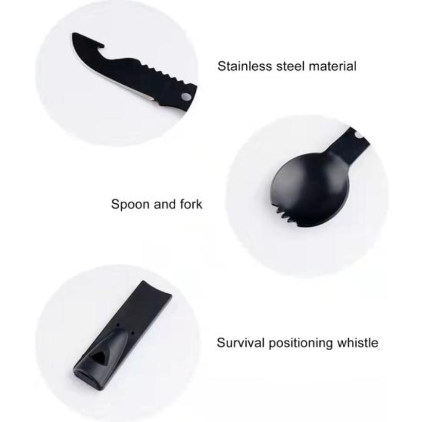 Lingura multifunctionala tip spork cu cutit, desfacator si fluier, metal negru, cu teaca protectie [3]