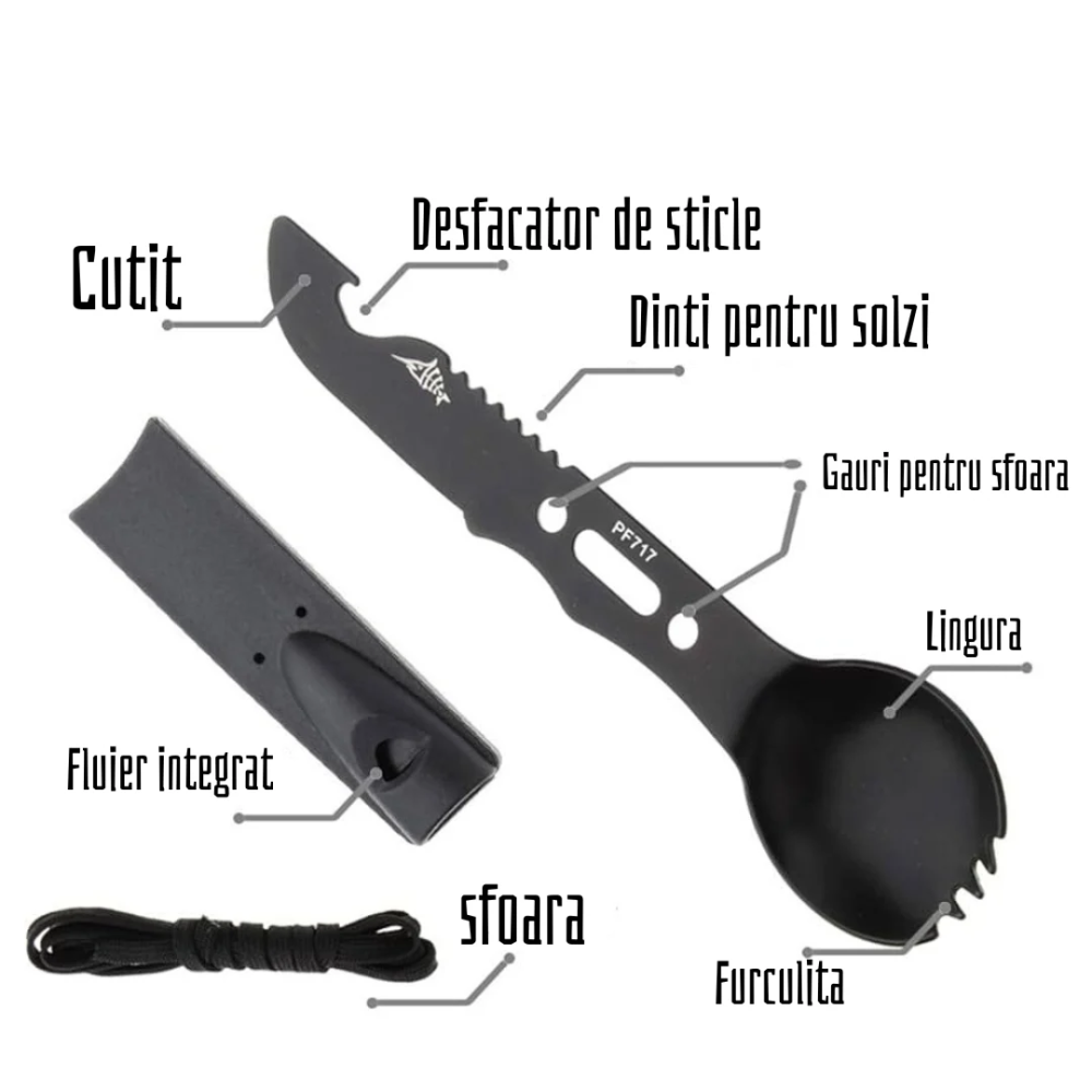 Lingura multifunctionala tip spork cu cutit, desfacator si fluier, metal negru, cu teaca protectie [2]