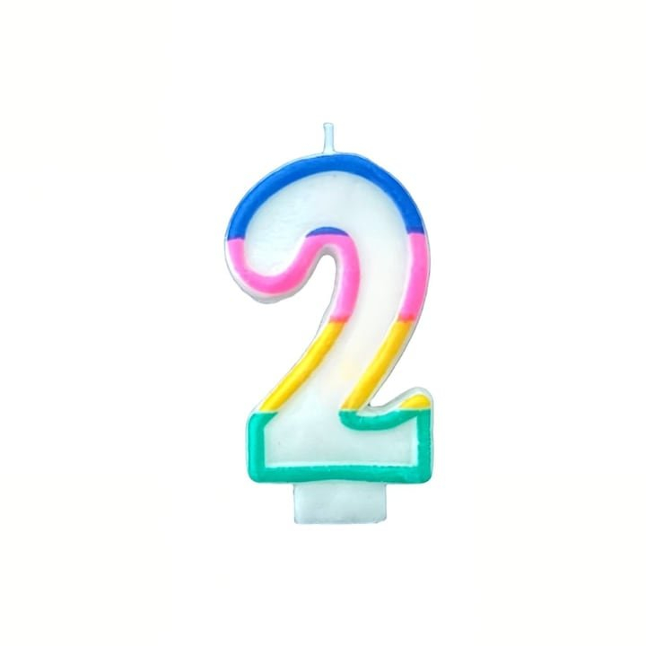 Lumanare aniversara cifra 2 alba 4,8 cm, decor multicolor, parafina, fitil din bumbac si suport din plastic pentru fixare in tort [1]