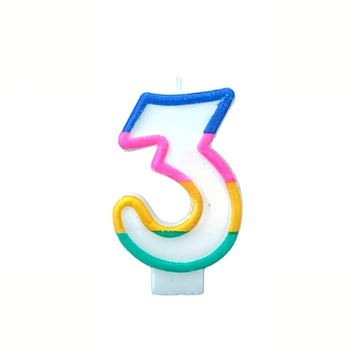Lumanare aniversara cifra 3 alba 4,8 cm, accente multicolore, parafina, fitil bumbac si suport plastic pentru decorarea tortului [1]