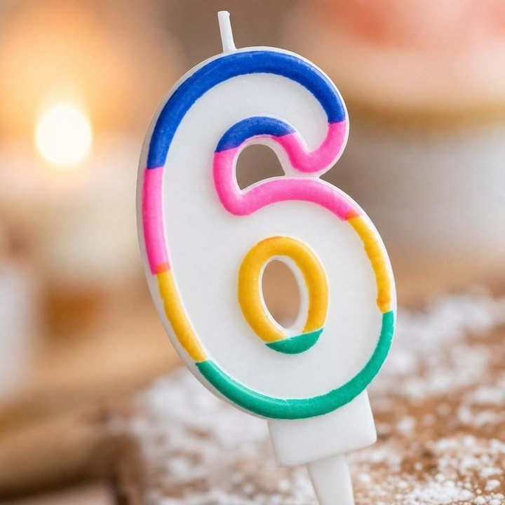 Lumanare aniversara cifra 6 alba 4,8 cm, decor multicolor, din parafina, fitil din bumbac si suport plastic pentru tort [3]