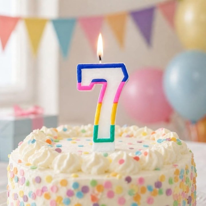 Lumanare aniversara cifra 7 alba 4,8 cm, decor albastru, roz, galben, verde si portocaliu, parafina, fitil bumbac, suport pentru tort [2]