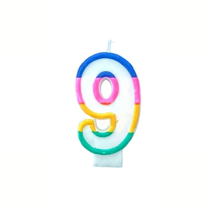 Lumanare aniversara cifra 9 alba 4,8 cm, decor multicolor, parafina, fitil din bumbac si suport din plastic pentru fixare in tort [1]