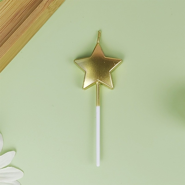 Lumanare ornamentala pentru tort, forma steluta stralucitoare, cu betisor pentru fixare, 11 x 3.2 cm, auriu [2]