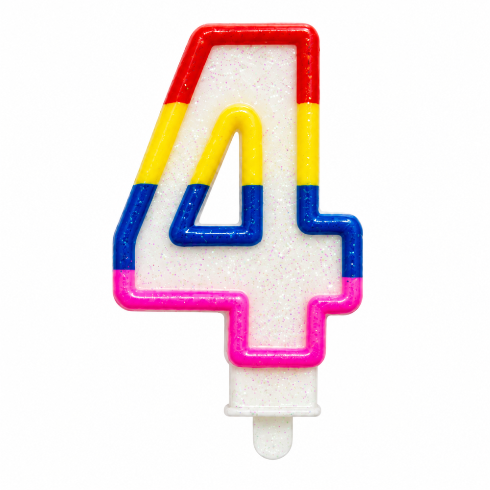 Lumanare tort cifra 4 cu sclipici, multicolora rosu, galben, albastru si roz, decor festiv pentru aniversari, cu suport inferior [1]