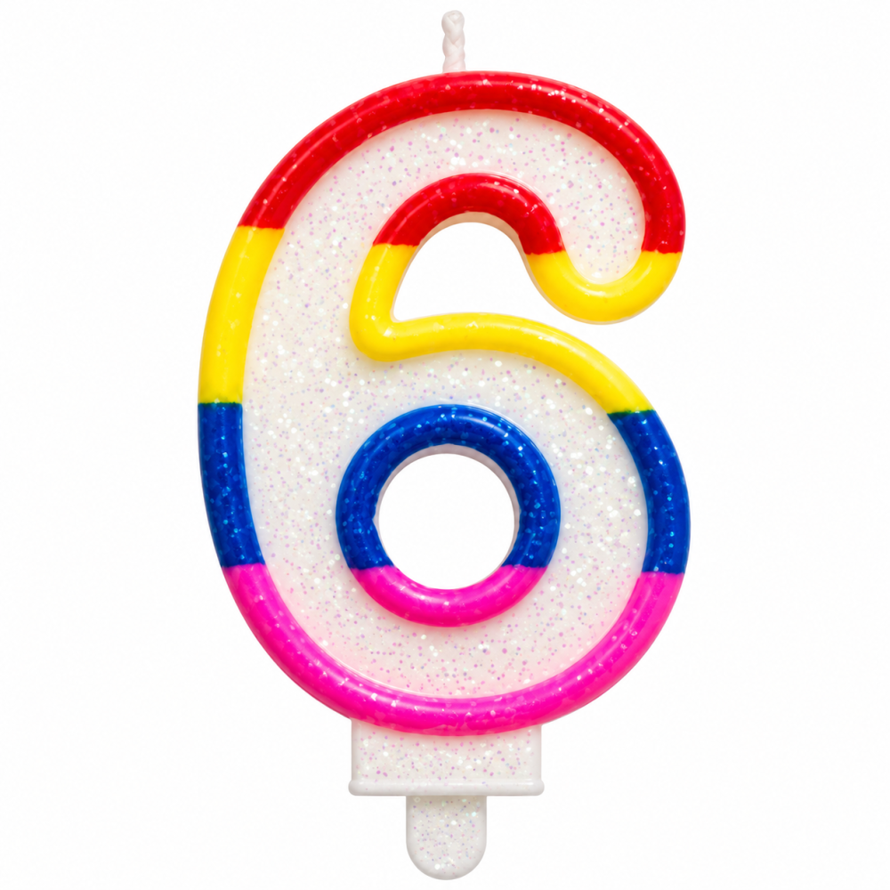 Lumanare tort cifra 6 cu sclipici, multicolora rosu, galben, albastru si roz, pentru aniversari si decor festiv, cu suport inferior [1]